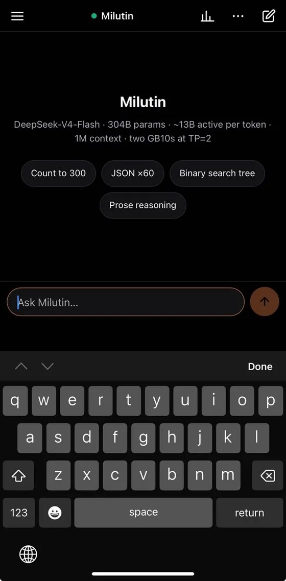 The Milutin chat client on an iPhone, showing the model card and preset chips above the keyboard.